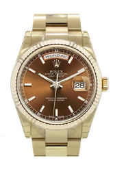 Rolex Day-Date 36 Cognac Dial Fluted Bezel Yellow Gold Watch 118238